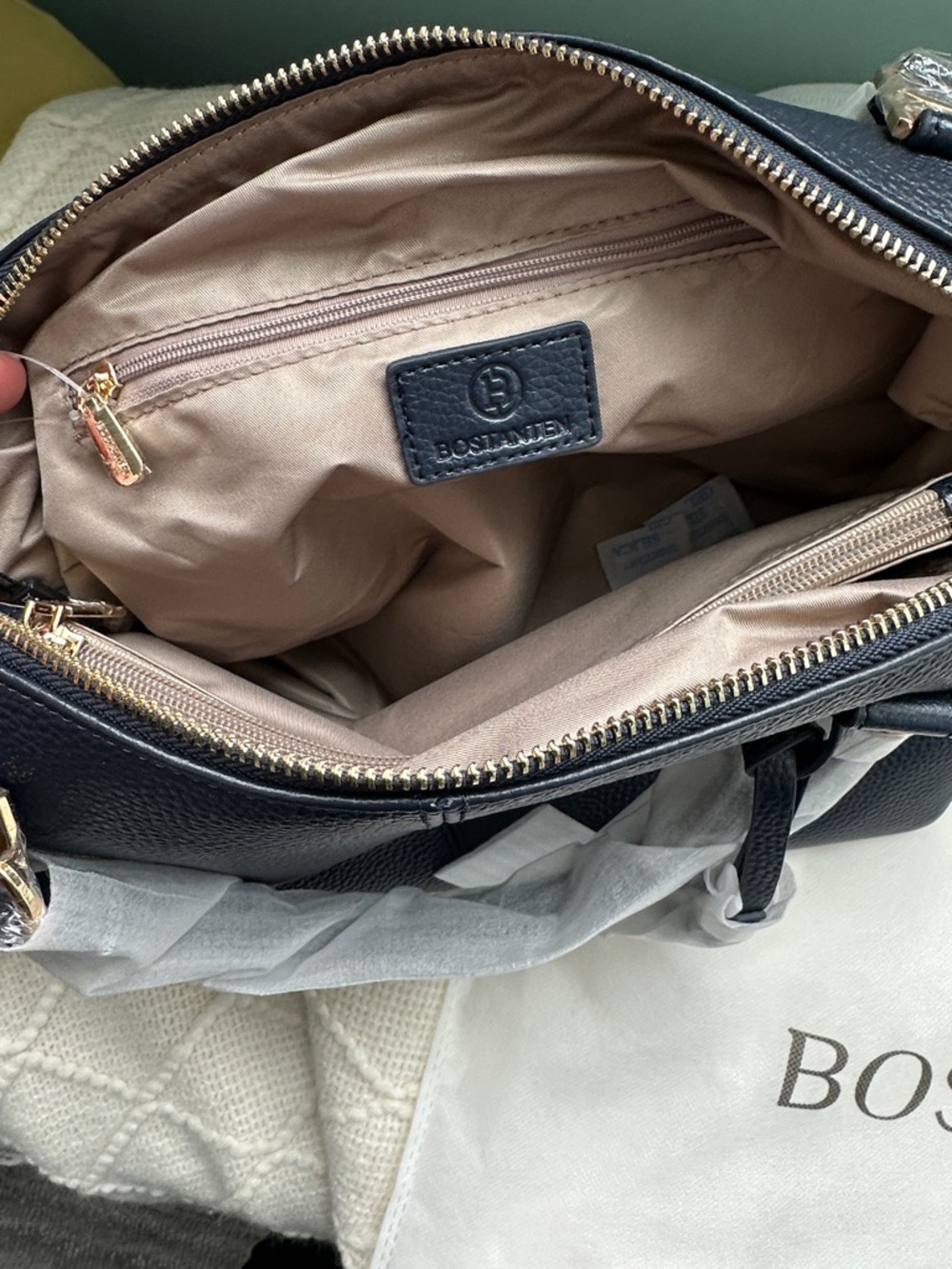 New Bostanten Navy Leather Satchel with Gold Hardware - Picture 4 of 6